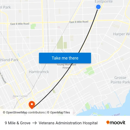 9 Mile & Grove to Veterans Administration Hospital map