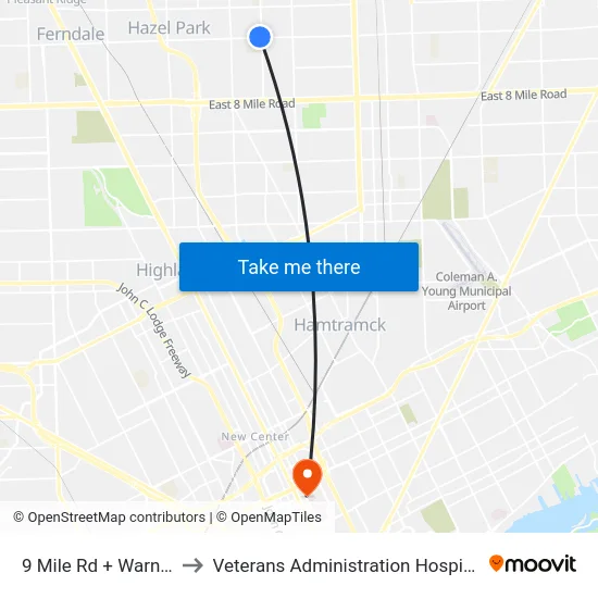 9 Mile & Warner to Veterans Administration Hospital map
