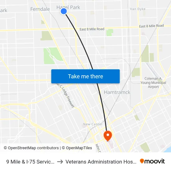 9 Mile & I-75 Service D to Veterans Administration Hospital map