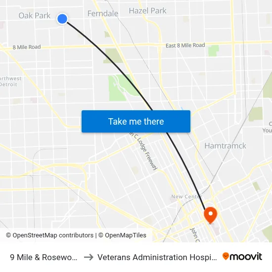 9 Mile & Rosewood to Veterans Administration Hospital map
