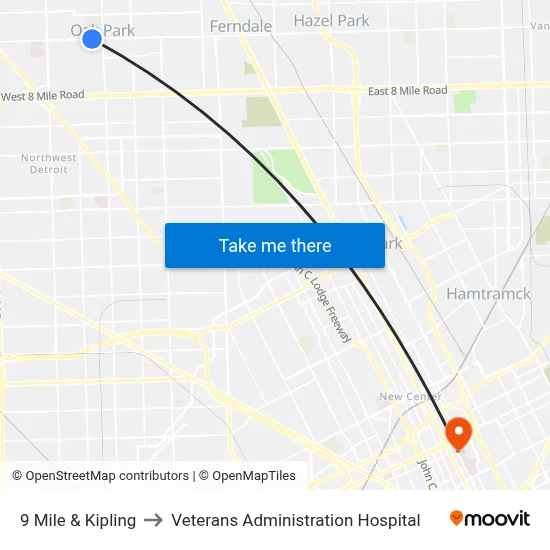 9 Mile & Kipling to Veterans Administration Hospital map
