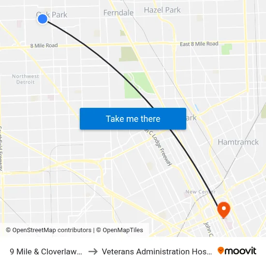 9 Mile & Cloverlawn W to Veterans Administration Hospital map