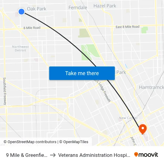 9 Mile & Greenfield to Veterans Administration Hospital map