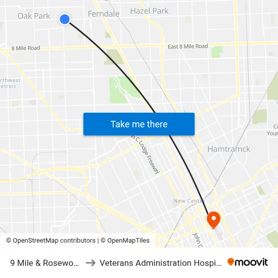 9 Mile & Rosewood to Veterans Administration Hospital map