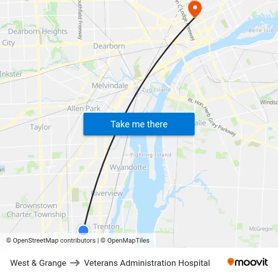 West & Grange to Veterans Administration Hospital map