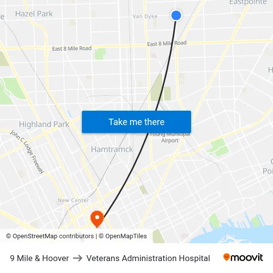 9 Mile & Hoover to Veterans Administration Hospital map