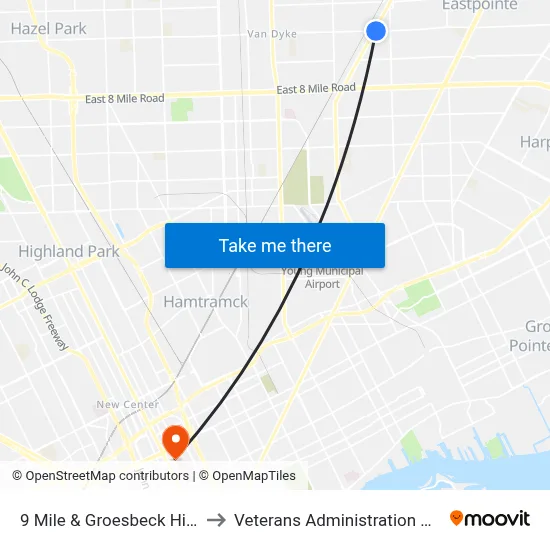 9 Mile & Groesbeck Highway to Veterans Administration Hospital map