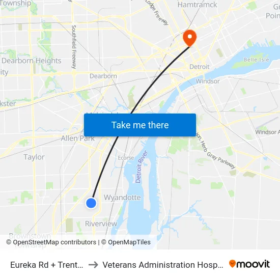Eureka & Trenton to Veterans Administration Hospital map