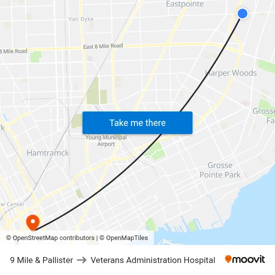 9 Mile & Pallister to Veterans Administration Hospital map