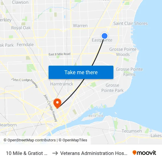 10 Mile & Gratiot NW to Veterans Administration Hospital map