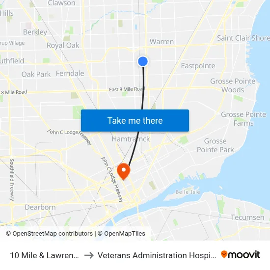 10 Mile & Lawrence to Veterans Administration Hospital map