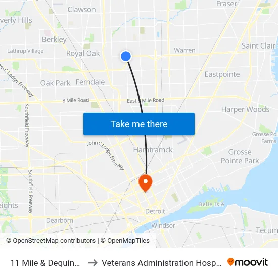 11 Mile & Dequindre to Veterans Administration Hospital map