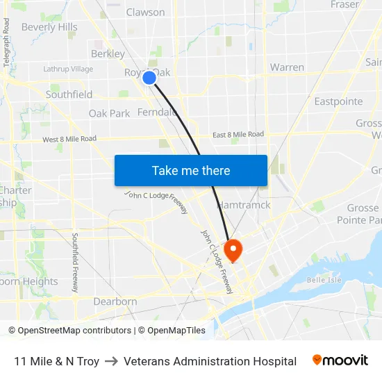 11 Mile & N Troy to Veterans Administration Hospital map