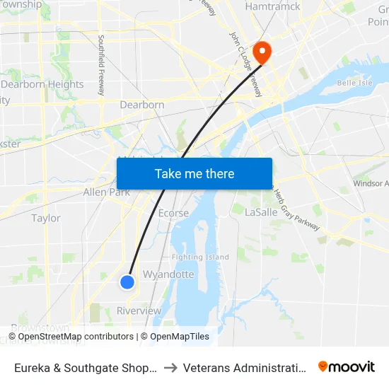 Eureka & Southgate Shopping Center to Veterans Administration Hospital map
