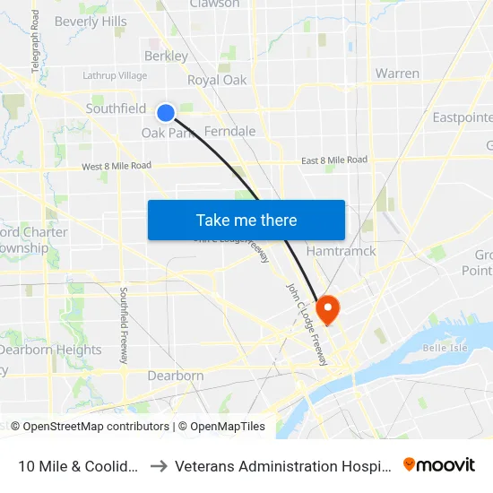 10 Mile & Coolidge to Veterans Administration Hospital map