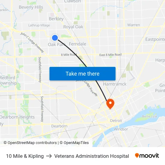 10 Mile & Kipling to Veterans Administration Hospital map