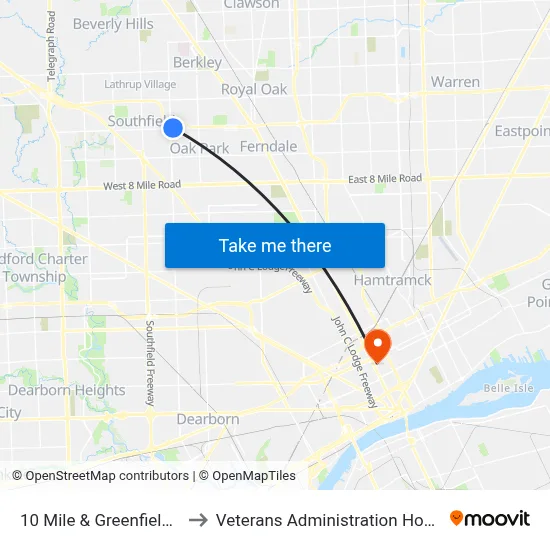 10 Mile & Greenfield NE to Veterans Administration Hospital map