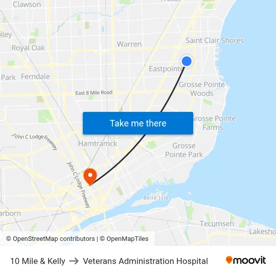 10 Mile & Kelly to Veterans Administration Hospital map