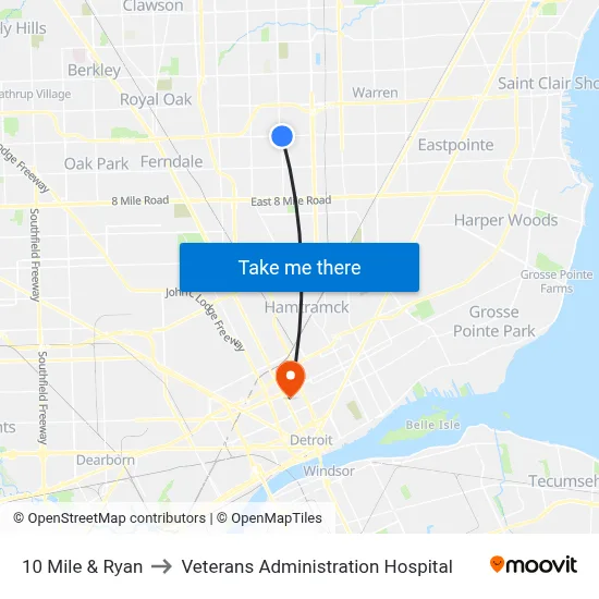 10 Mile & Ryan to Veterans Administration Hospital map