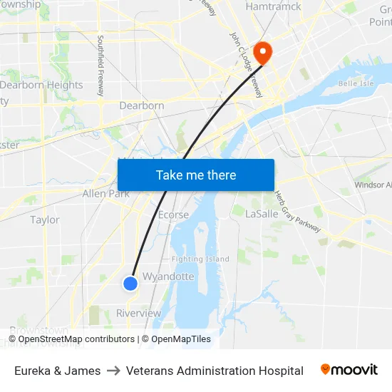 Eureka & James to Veterans Administration Hospital map