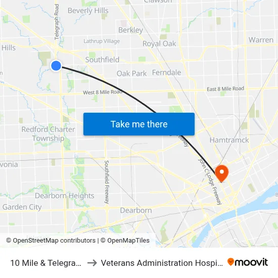 10 Mile & Telegraph to Veterans Administration Hospital map