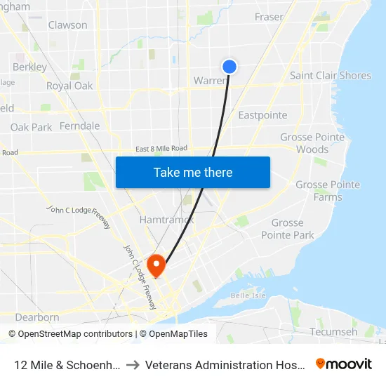 12 Mile & Schoenherr to Veterans Administration Hospital map