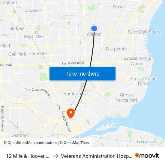 12 Mile & Hoover NE to Veterans Administration Hospital map