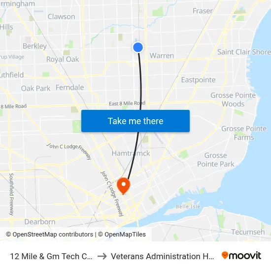 12 Mile & Gm Tech Center to Veterans Administration Hospital map
