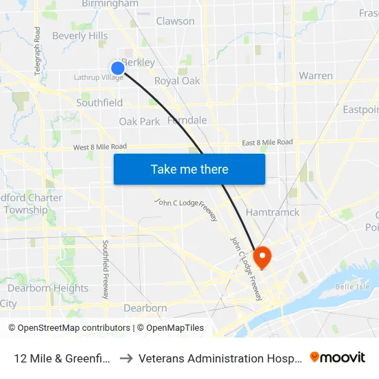 12 Mile & Greenfield to Veterans Administration Hospital map