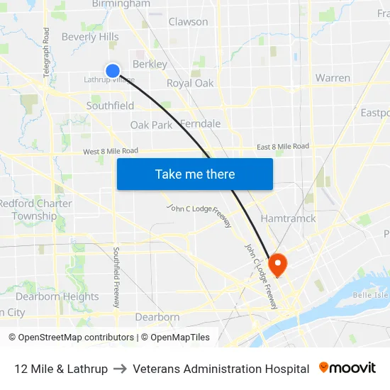 12 Mile & Lathrup to Veterans Administration Hospital map