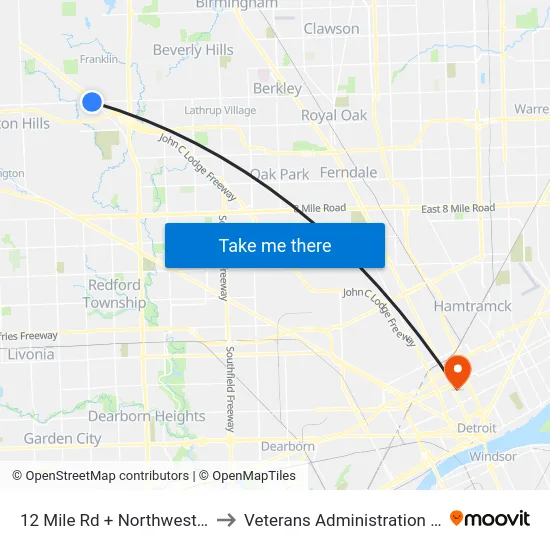 12 Mile & Northwestern Highway to Veterans Administration Hospital map