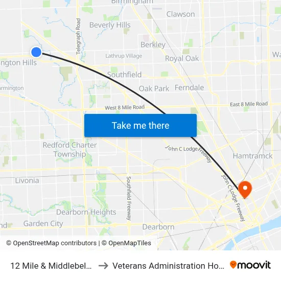12 Mile & Middlebelt NW to Veterans Administration Hospital map