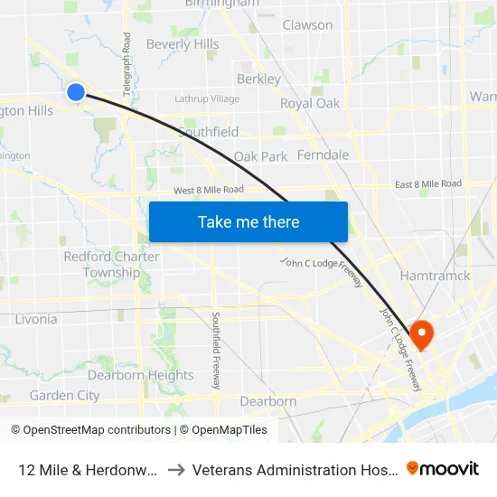 12 Mile & Herdonwood to Veterans Administration Hospital map