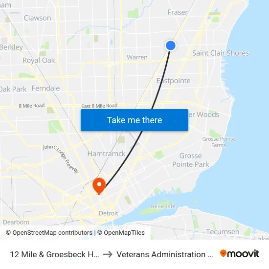 12 Mile & Groesbeck Highway to Veterans Administration Hospital map