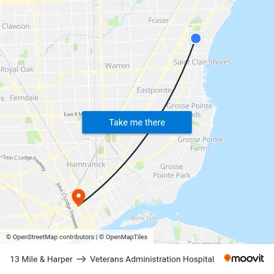 13 Mile & Harper to Veterans Administration Hospital map