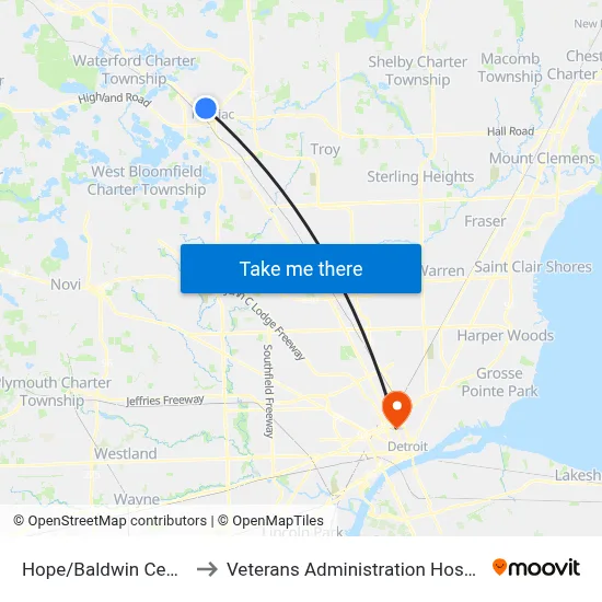 Hope/Baldwin Center to Veterans Administration Hospital map