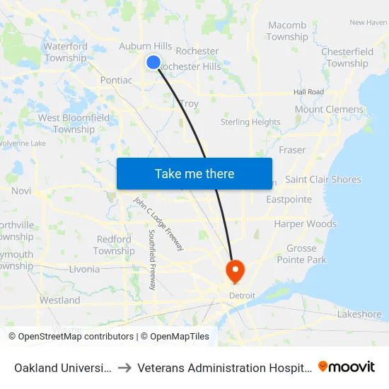Oakland University to Veterans Administration Hospital map