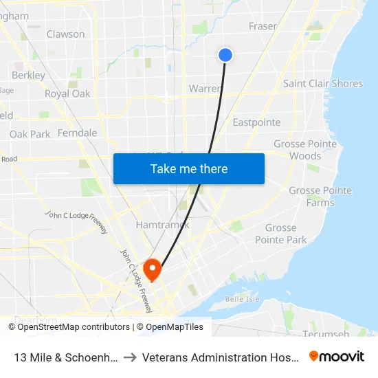 13 Mile & Schoenherr to Veterans Administration Hospital map