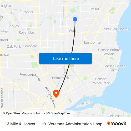 13 Mile & Hoover NE to Veterans Administration Hospital map