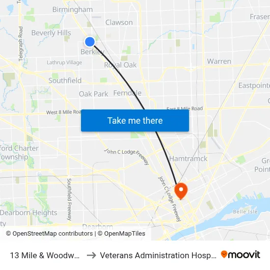 13 Mile & Woodward to Veterans Administration Hospital map