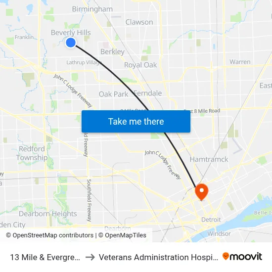 13 Mile & Evergreen to Veterans Administration Hospital map