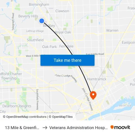 13 Mile & Greenfield to Veterans Administration Hospital map