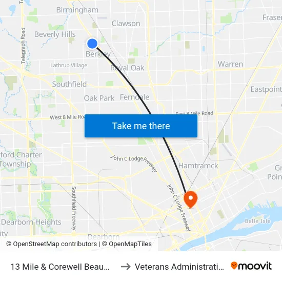 13 Mile & Corewell Beaumont Hospital to Veterans Administration Hospital map