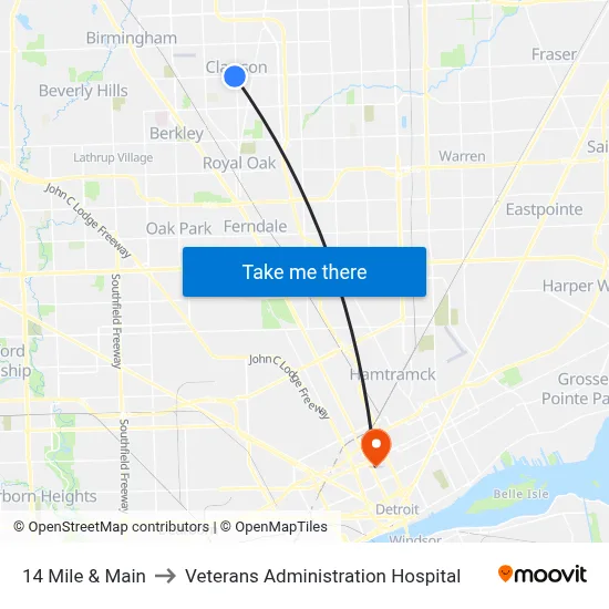 14 Mile & Main to Veterans Administration Hospital map