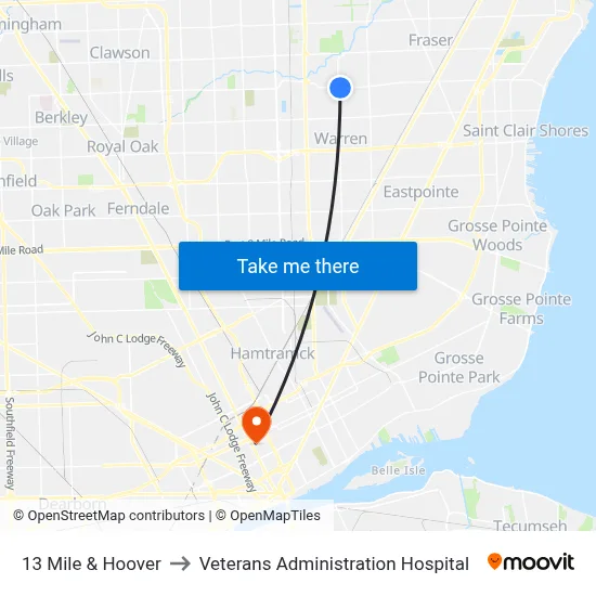 13 Mile & Hoover to Veterans Administration Hospital map