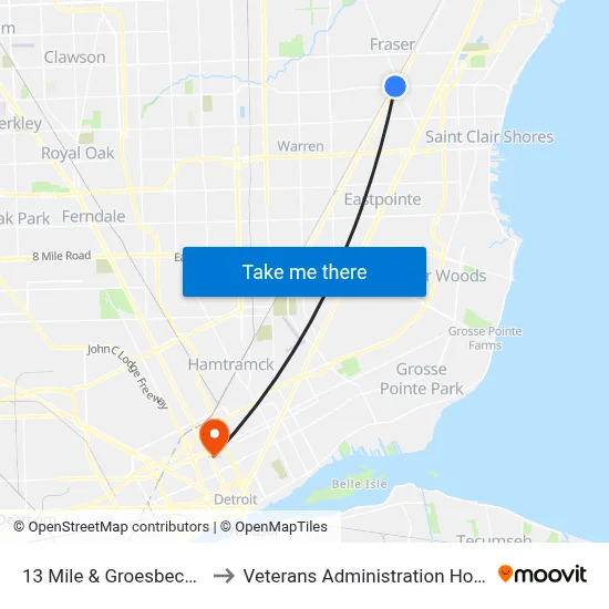 13 Mile & Groesbeck SW to Veterans Administration Hospital map
