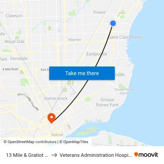 13 Mile & Gratiot SE to Veterans Administration Hospital map
