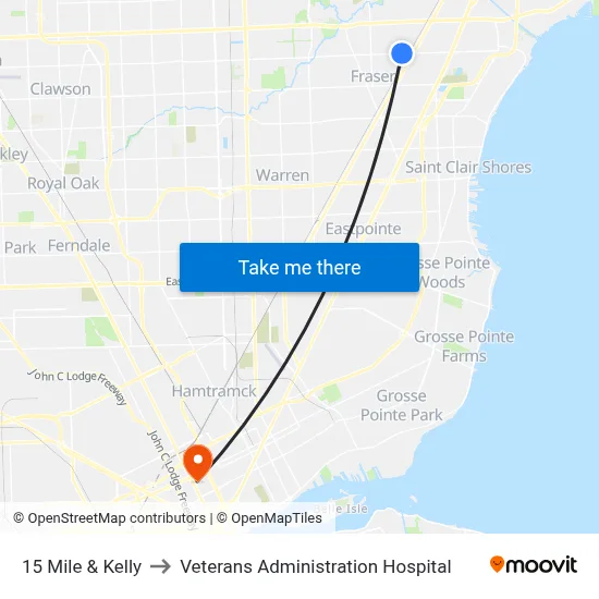 15 Mile & Kelly to Veterans Administration Hospital map