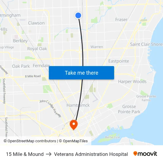 15 Mile & Mound to Veterans Administration Hospital map