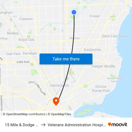 15 Mile & Dodge Pk to Veterans Administration Hospital map